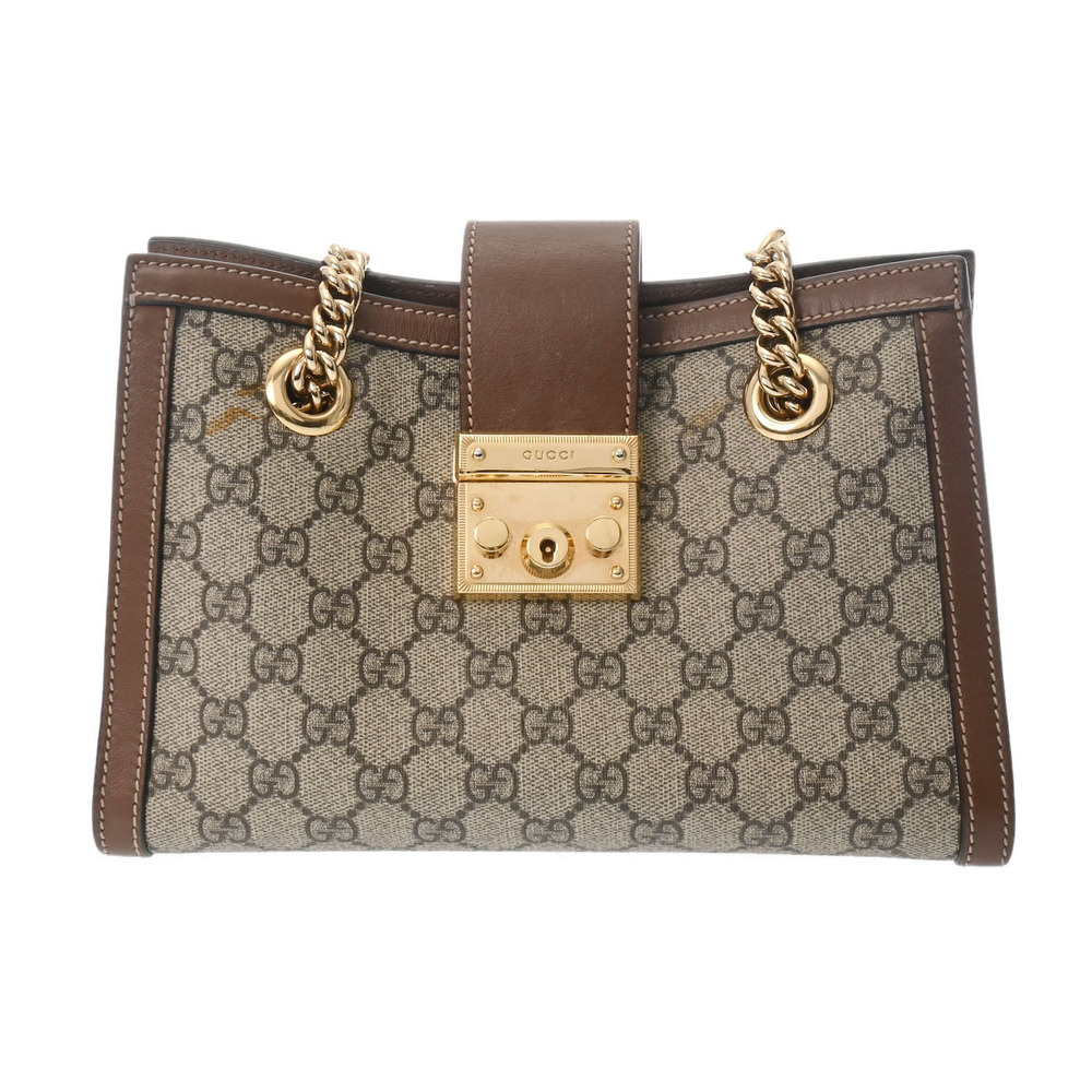 GUCCI GG Padlock Chain Shoulder Bag Beige Brown Calfskin